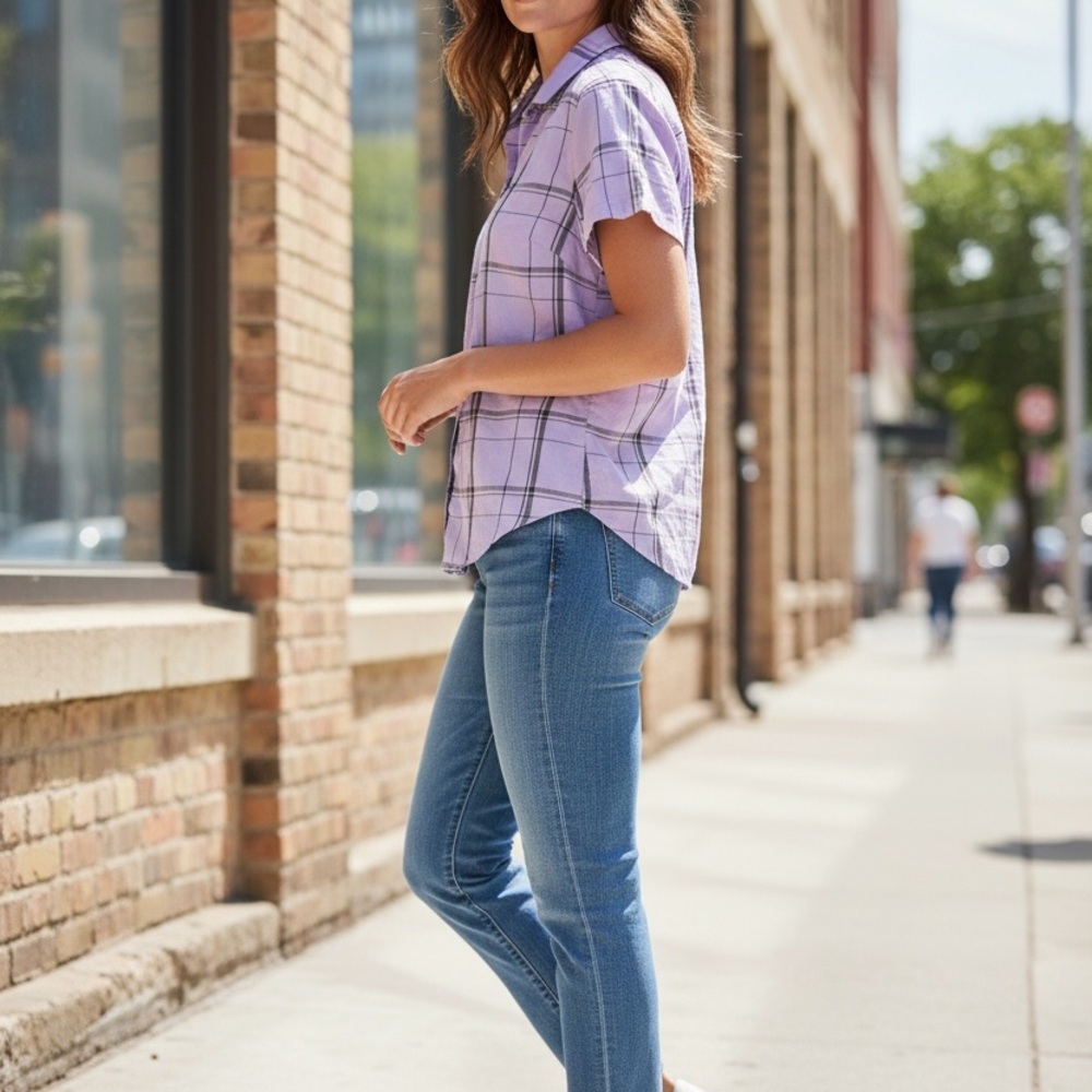 Eddie Bauer Lavender Plaid Button-Front Shirt - Picture 2 of 11